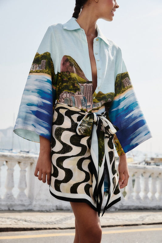 Multicolor Copacabana Beach Euroflax™ Premium Linen Long Sleeve Kimono
